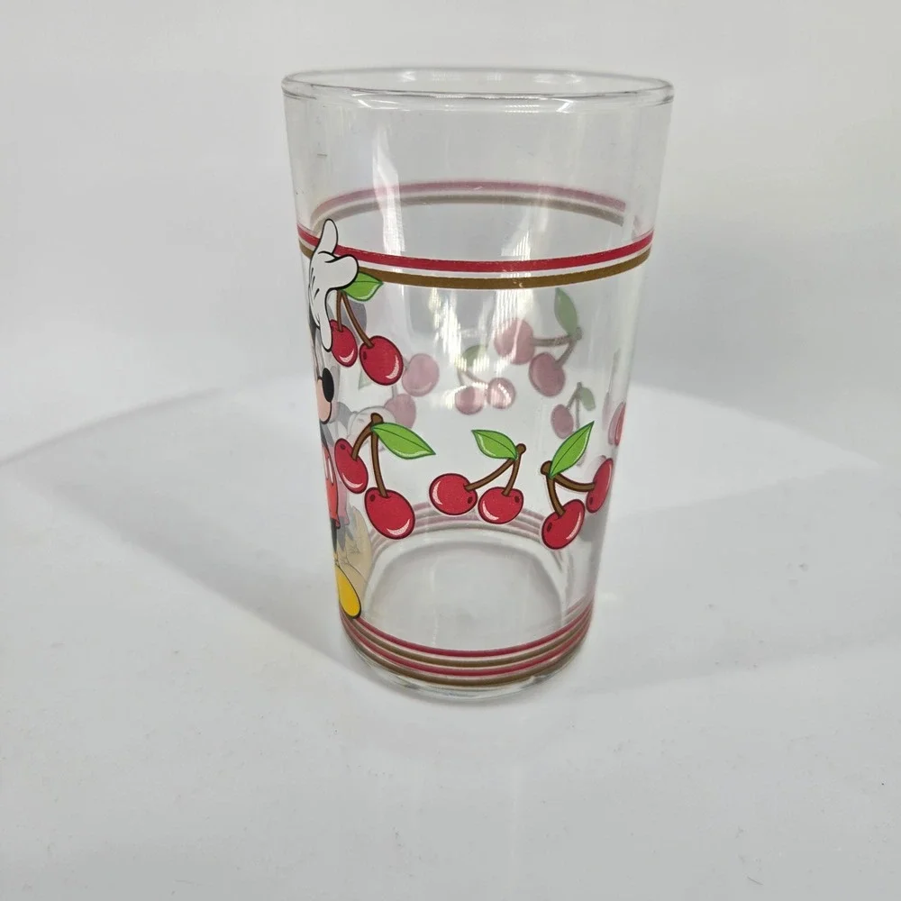 Disney Mickey Mouse Cherry Glass Tumbler Vintage Clear Drinking Glass Red Gold